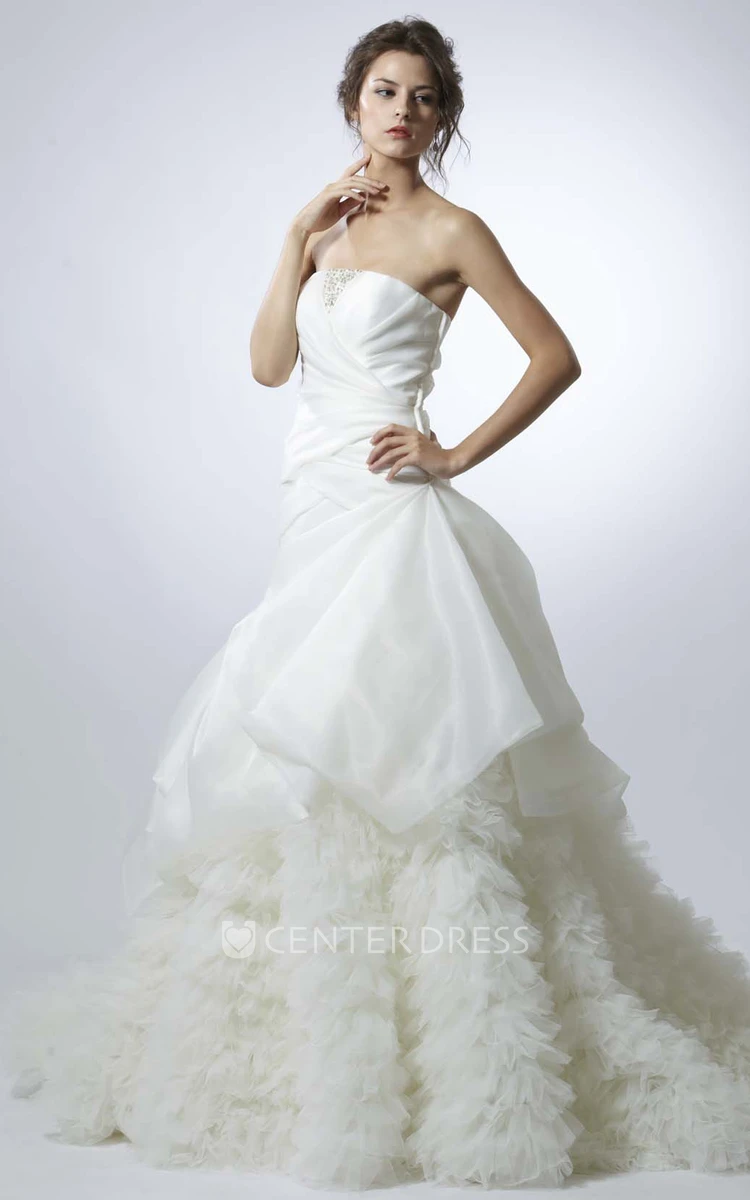 A-line Strapless Satin White Ruffles Wedding Dress Beaded Unique