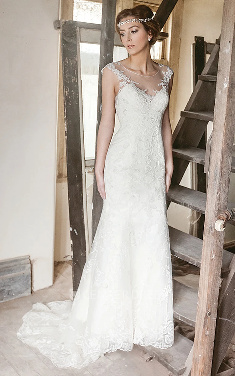 Floor-Length Scoop Cap-Sleeve Appliqued Lace Wedding Dress