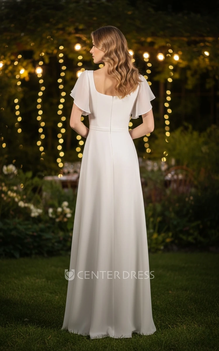 Simple Country A-Line Floor Length Spring Wedding Dress Modest Casual Zipper Back Short Bell Sleeves Gown