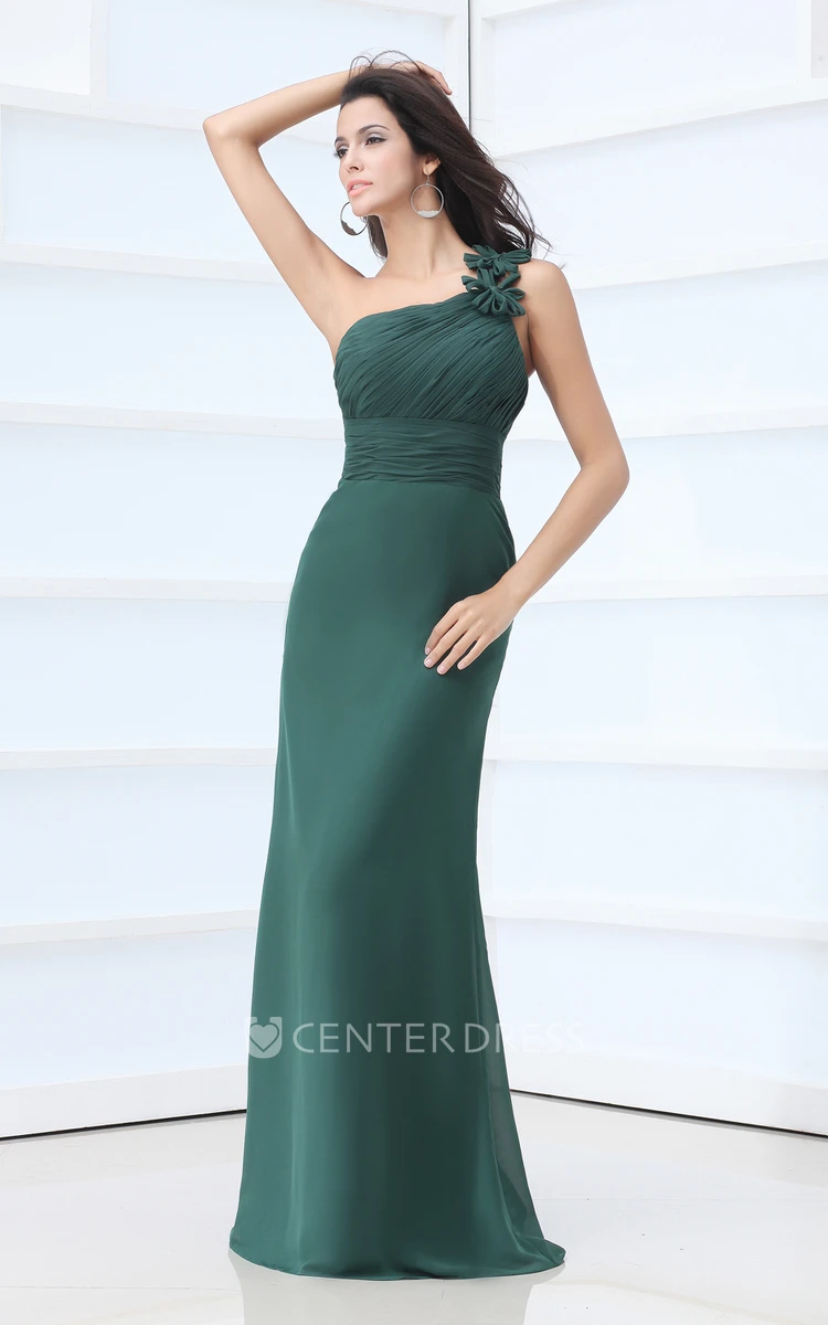 Chiffon Sheath One-Shoulder Bridesmaid Dress With Flower And Ruching
