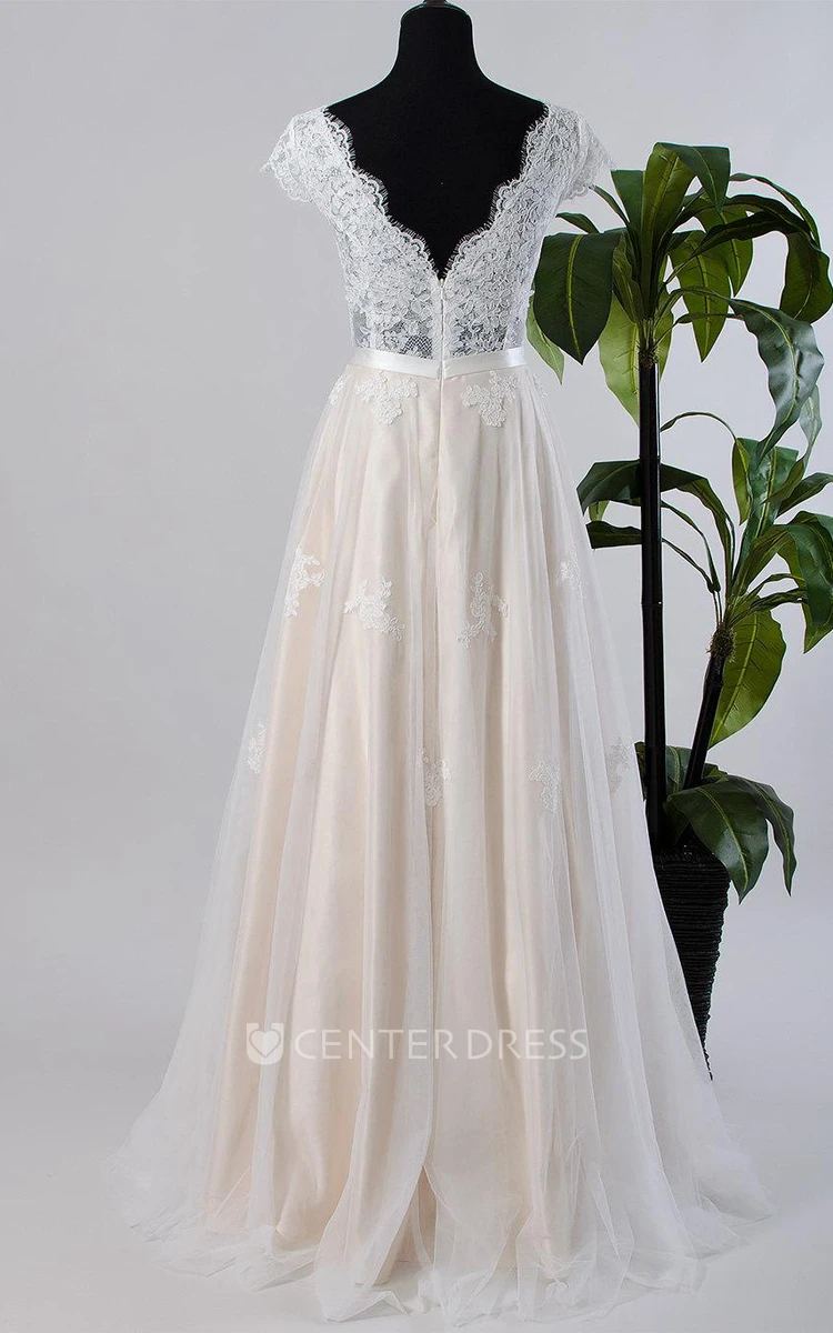 Cap Sleeve Tulle Lace Satin Weddig Dress With Low-V Back