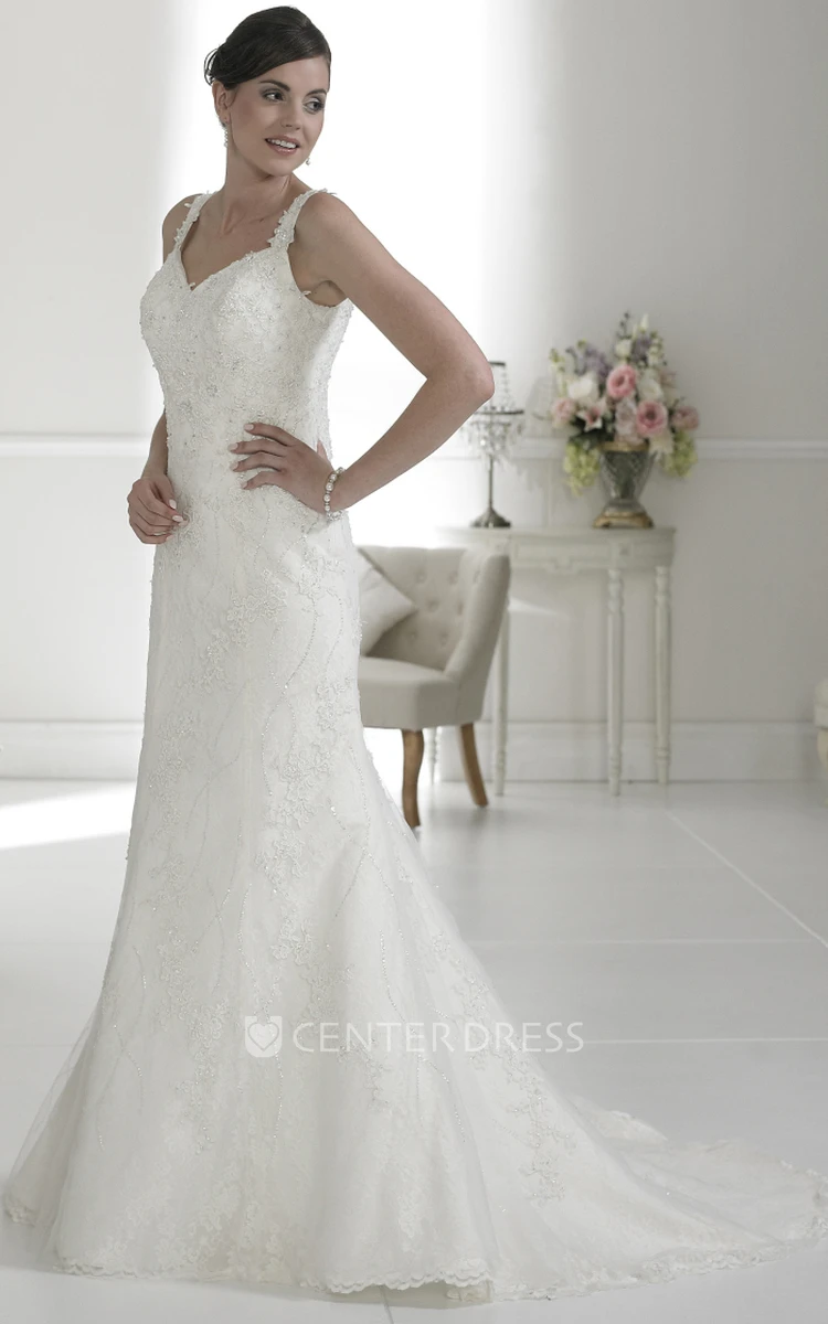 A-Line Sleeveless Appliqued Floor-Length Lace Wedding Dress With Low-V Back And Sweep Train