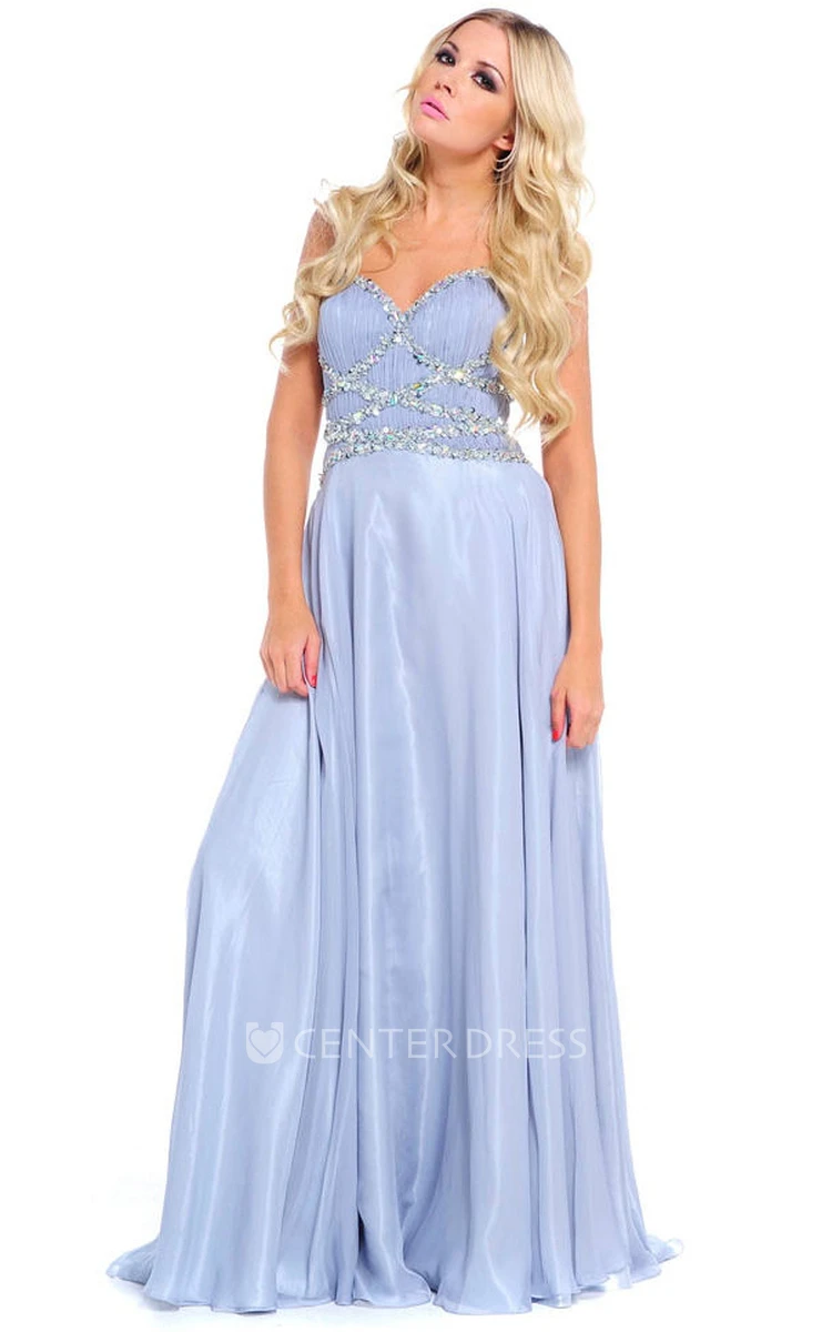 Sleeveless Beaded Sweetheart Chiffon Prom Dress With Ruching And Straps