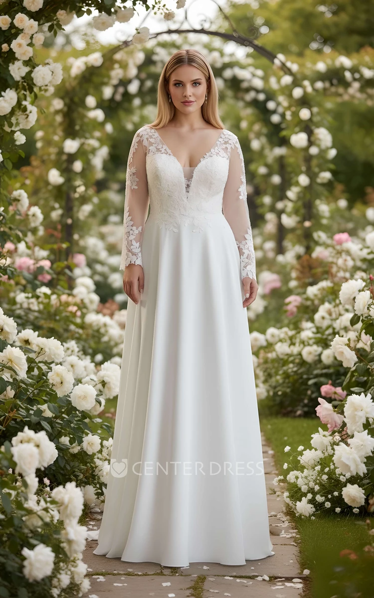 Romantic A-Line Deep V Neck Illusion Wedding Dress Elegant Floral Lace Long Sleeve Bridal Train Gown