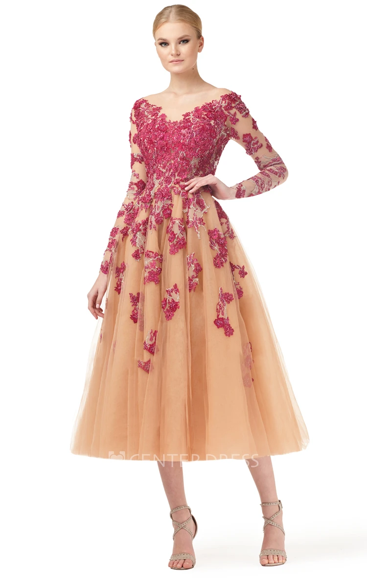 A Line Romantic V-neck Tulle Evening Dress with Appliques