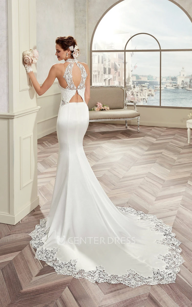 Sweetheart Sheath Satin Bridal Gown With Invert-V Beaded Belt And Unique Back Design