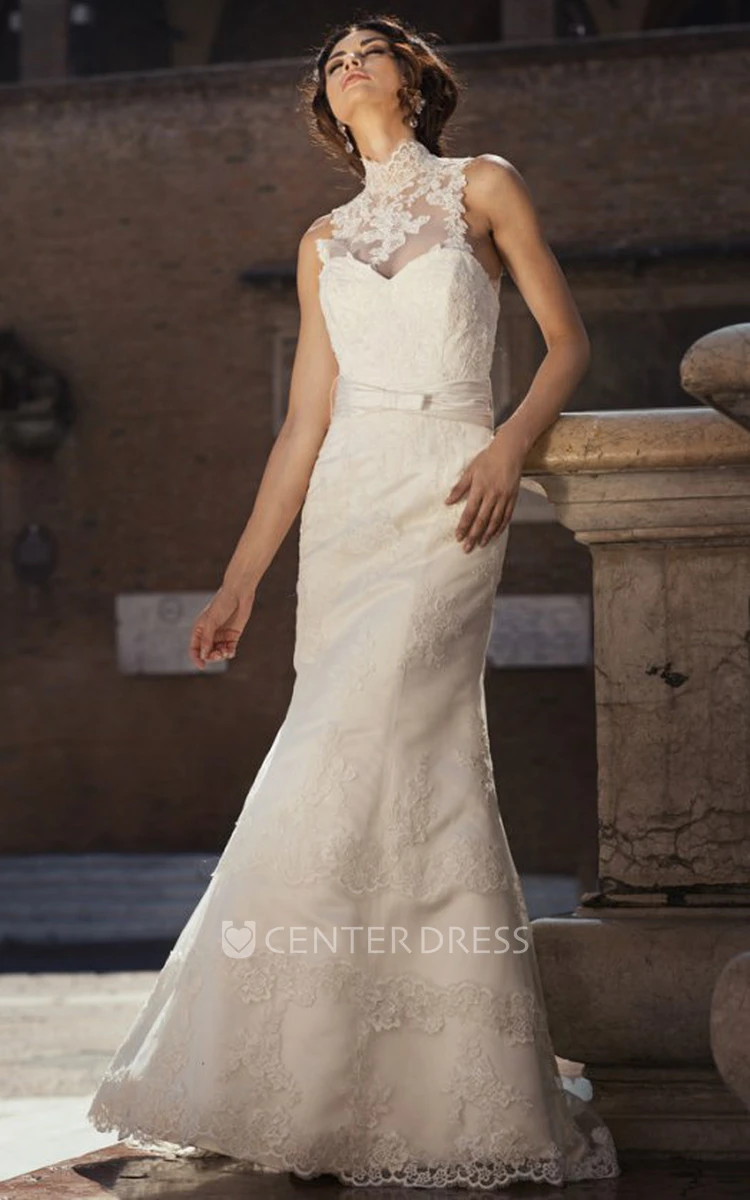 Sheath Maxi Sleeveless High-Neck Appliqued Lace Wedding Dress