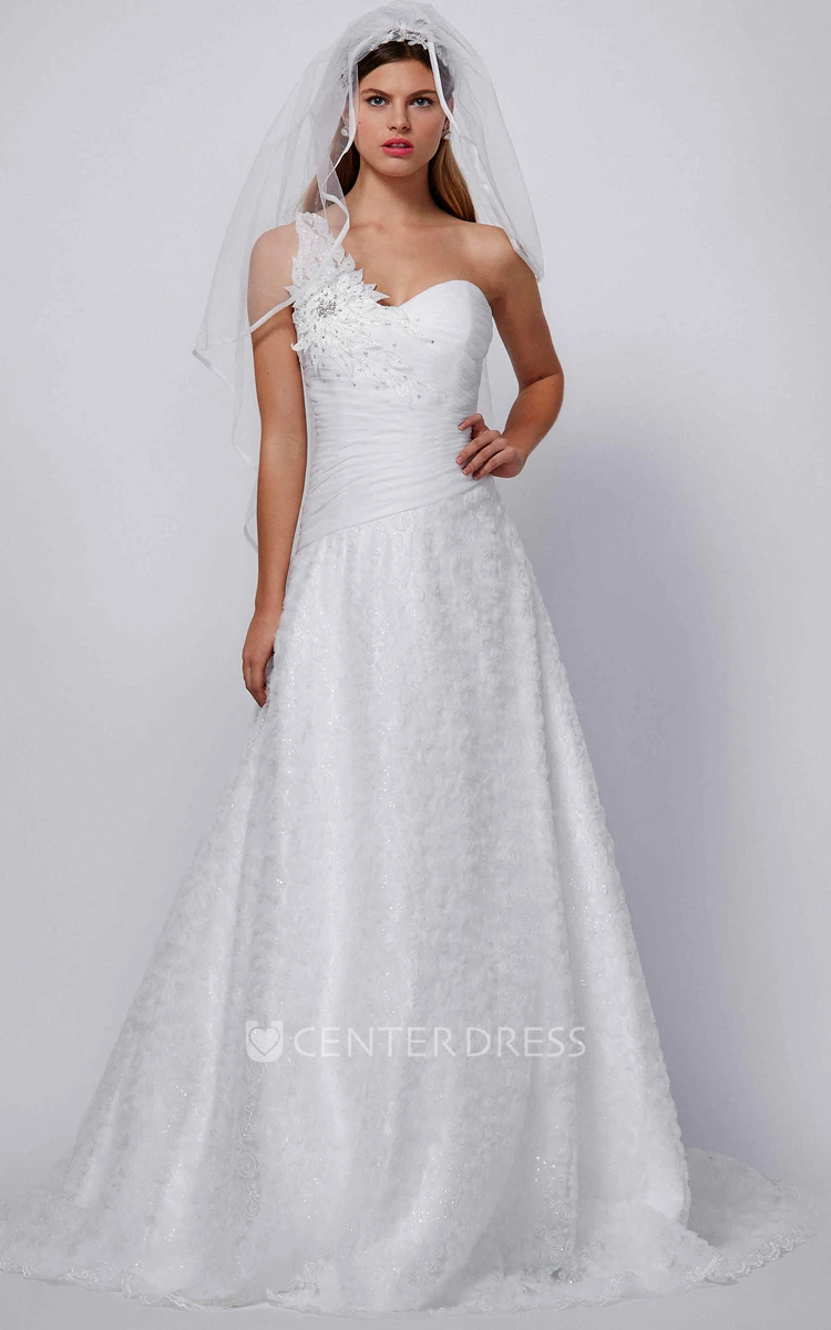 One-Shoulder Long Beaded Ruffled Chiffon Wedding Dress