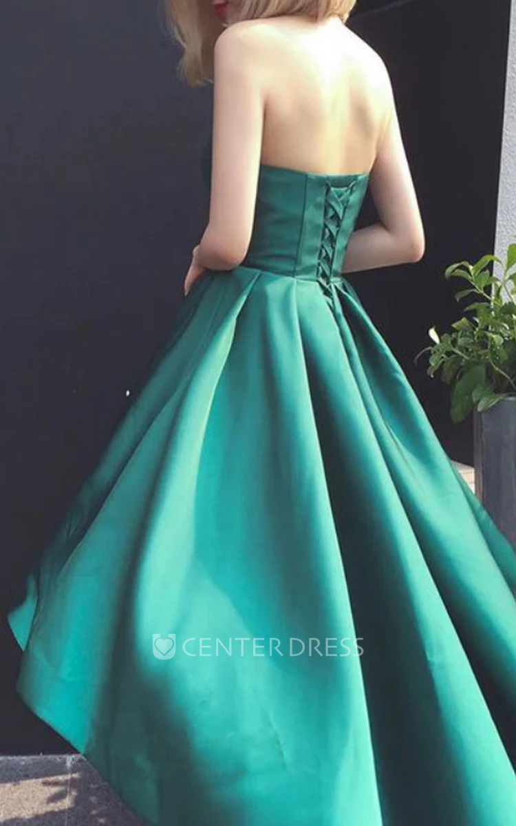 Strapless Sweetheart Satin Sleeveless High-Low A Line Evening Dress with Pleats