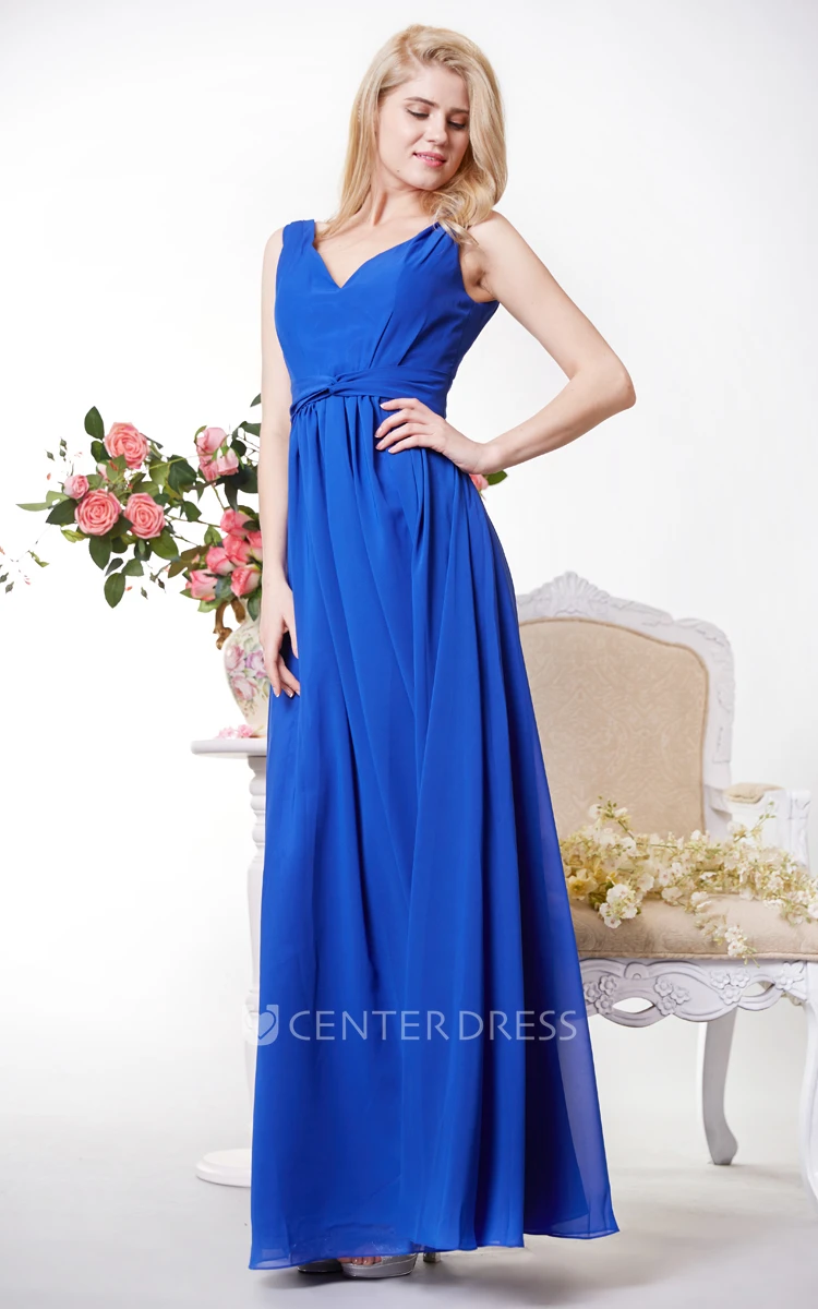 Empire V-neck V-back Pleated A-line Chiffon Gown With Waist Knot