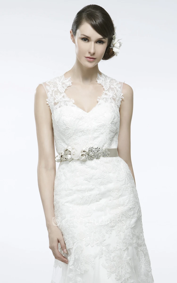 A-Line V-Neck Floor-Length Sleeveless Appliqued Lace Wedding Dress With Keyhole Back And Sweep Train