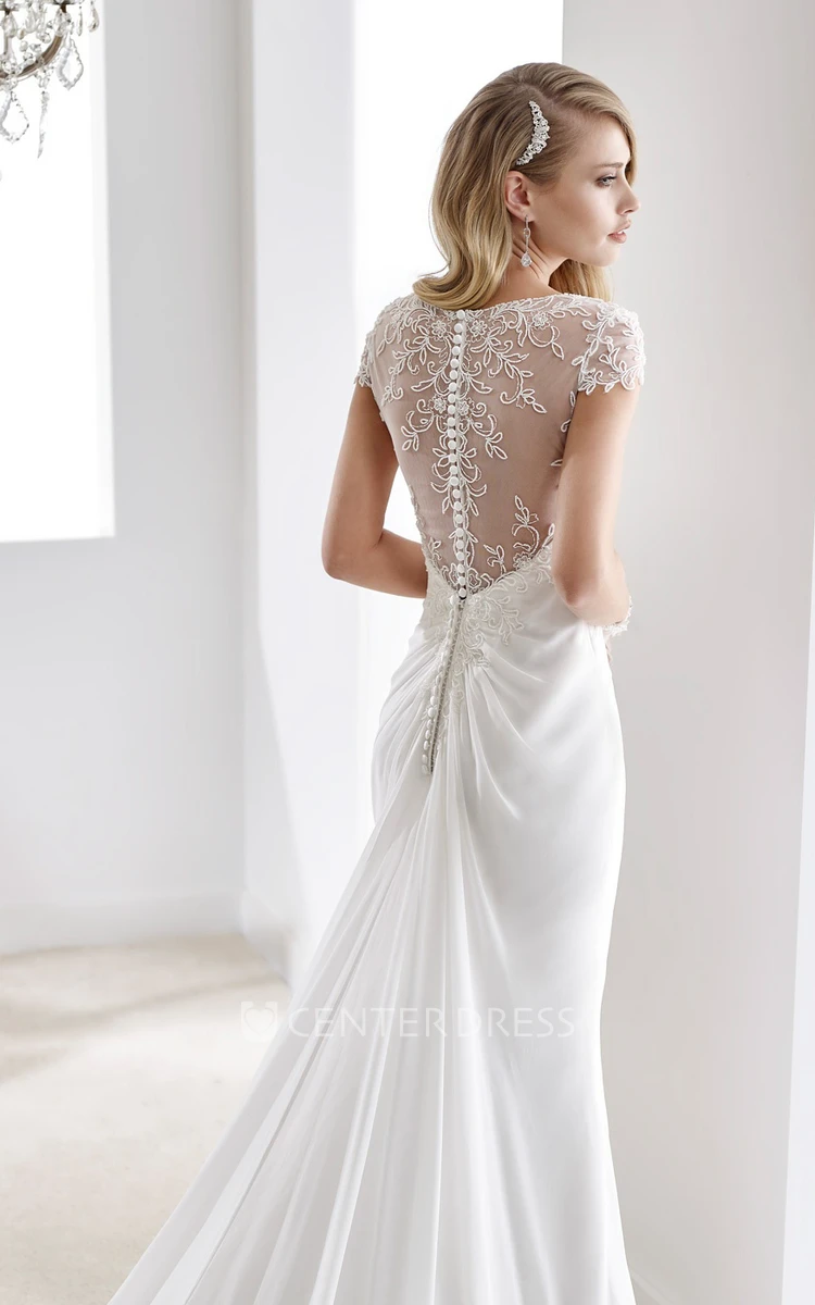 V-Neck Sheath Chiffon Wedding Dress With Bandage Waist And Illusive Sleeves And Back