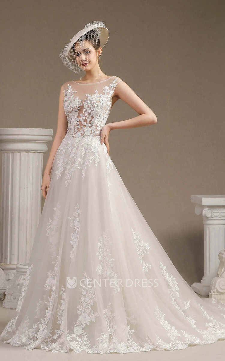 Illusion Top Button Back Cap Sleeve Lace Appliqued Ballgown Wedding Dress