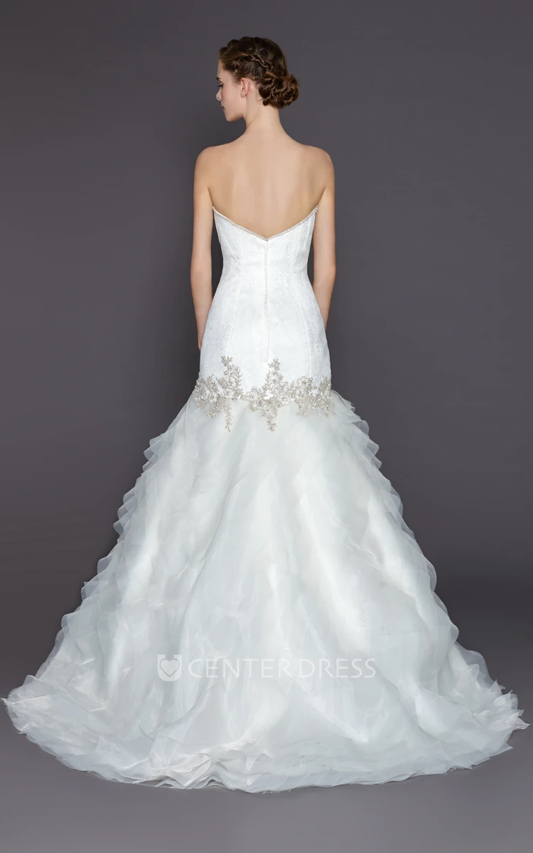 A-Line Beaded Sleeveless Sweetheart Floor-Length Organza Wedding Dress With Tiers And Ruffles