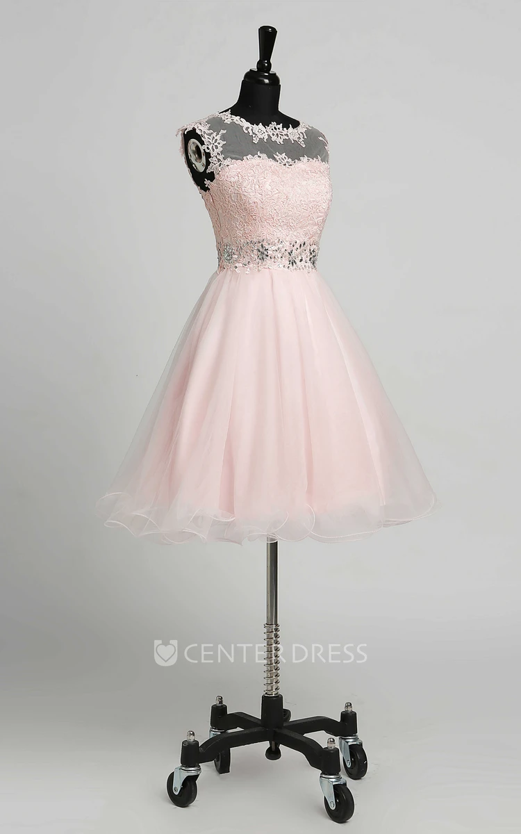 Lace A-Line Scoop Adorable Sleeveless Short Mini Illusion Dress with Appliques Lace Sequins