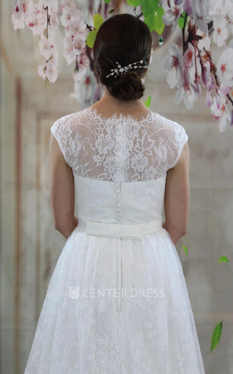 High-Neck Cap Sleeve A-Line Lace Wedding Dress With Court Train