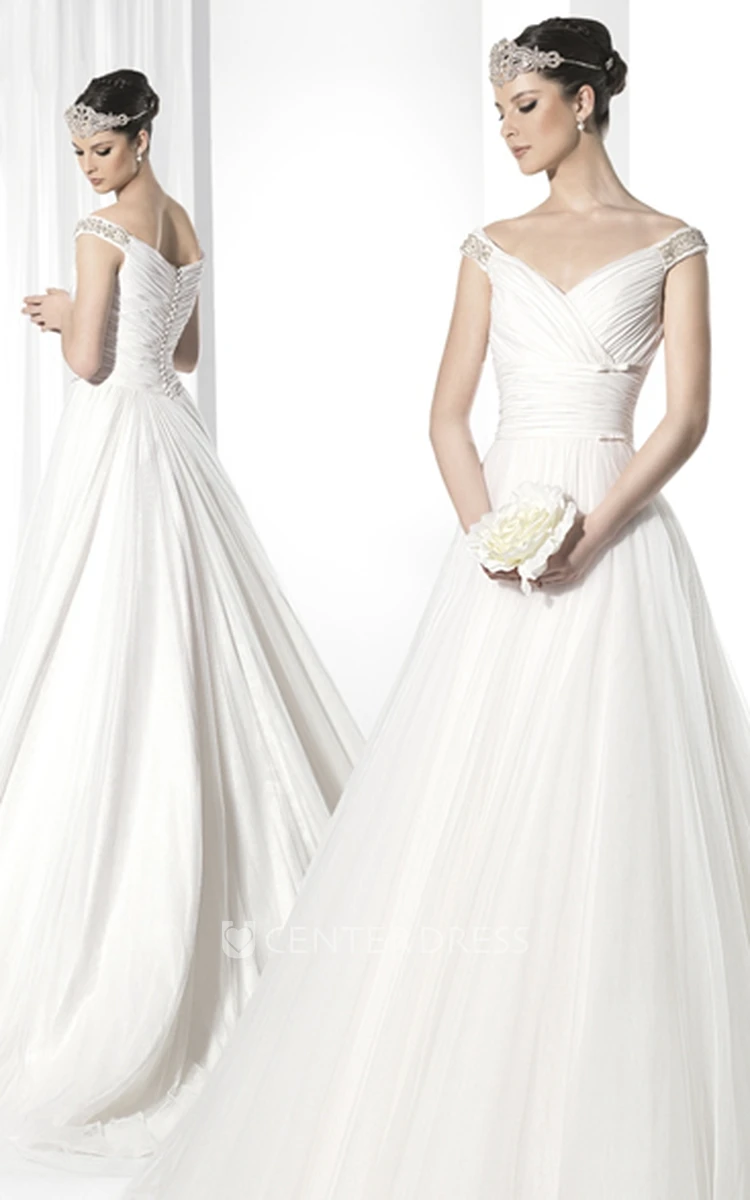 A-Line V-Neck Floor-Length Tulle&Chiffon Wedding Dress With Ruching