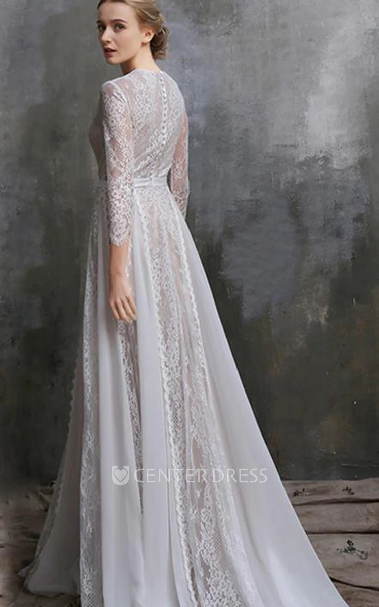 Jewel-Neck Lace Long Sleeve Pleated A-Line Wedding Dress