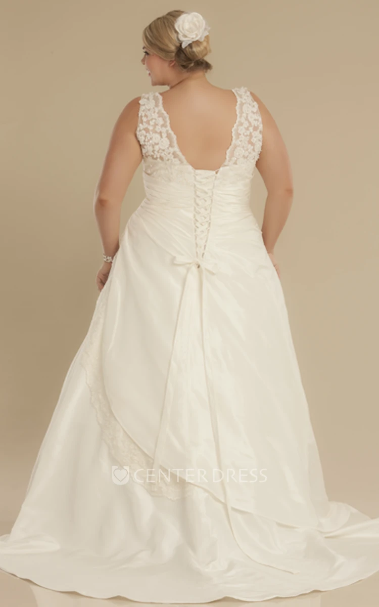 A-Line V-Neck Sleeveless Maxi Draped Taffeta Plus Size Wedding Dress With Appliques