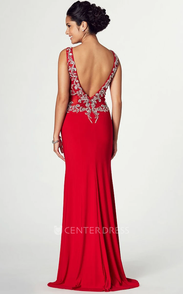 Maxi Appliqued Sleeveless V-Neck Jersey Prom Dress With Split Front