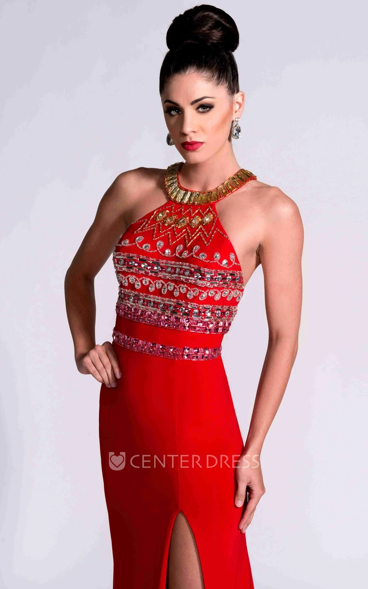 Crystal Detailed Bodice Jersey Prom Dress With Back Straps