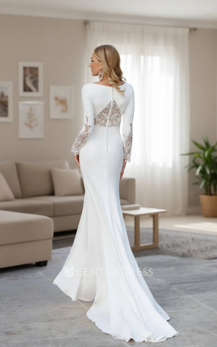 Modest Sheath Bateau Long Sleeve Spring Wedding Dress Elegant Satin Lace Solid Bridal Gown