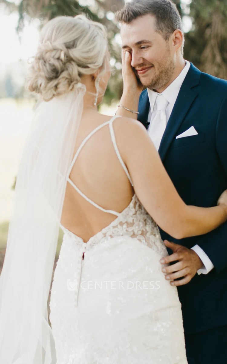 Romantic Plus Size Spaghetti Applique Boho Tulle A-Line Sequins Wedding Dress
