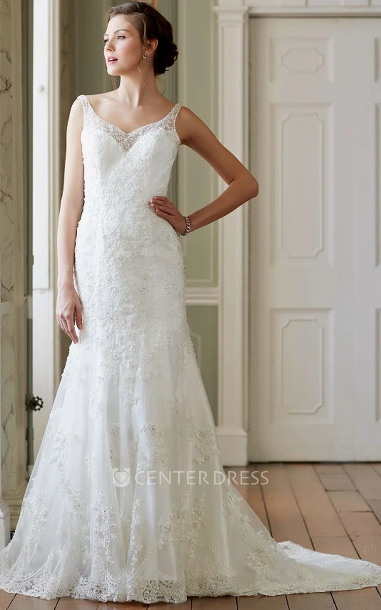Mermaid V-Neck Appliqued Floor-Length Sleeveless Lace Wedding Dress With Deep-V Back And Court Train