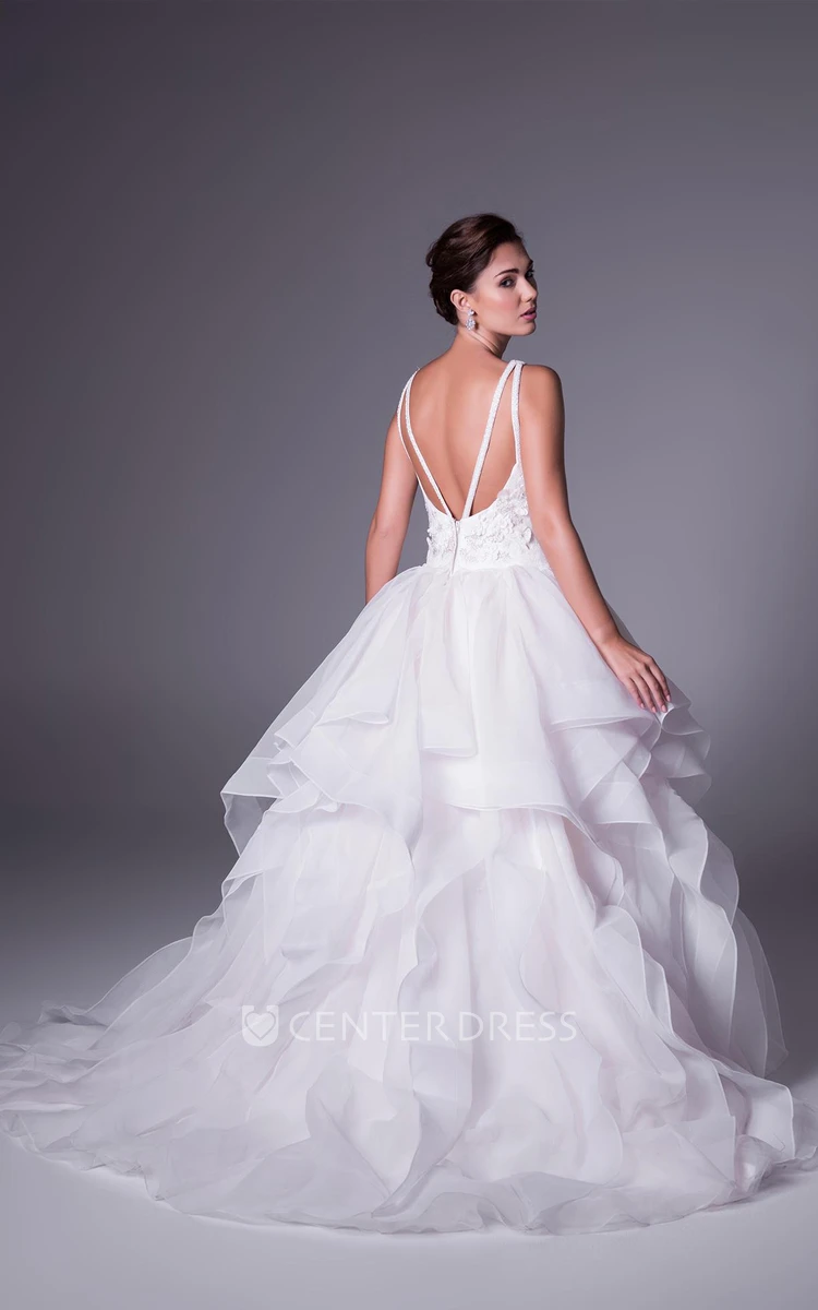 Ball Gown Draped Bateau-Neck Floor-Length Sleeveless Tulle Wedding Dress With Appliques