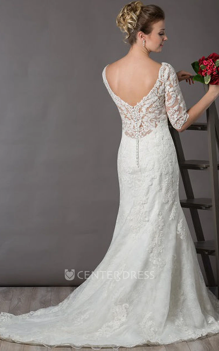 Scoop Neck V Back Lace Bridal Gown With Illusion Half Sleeve