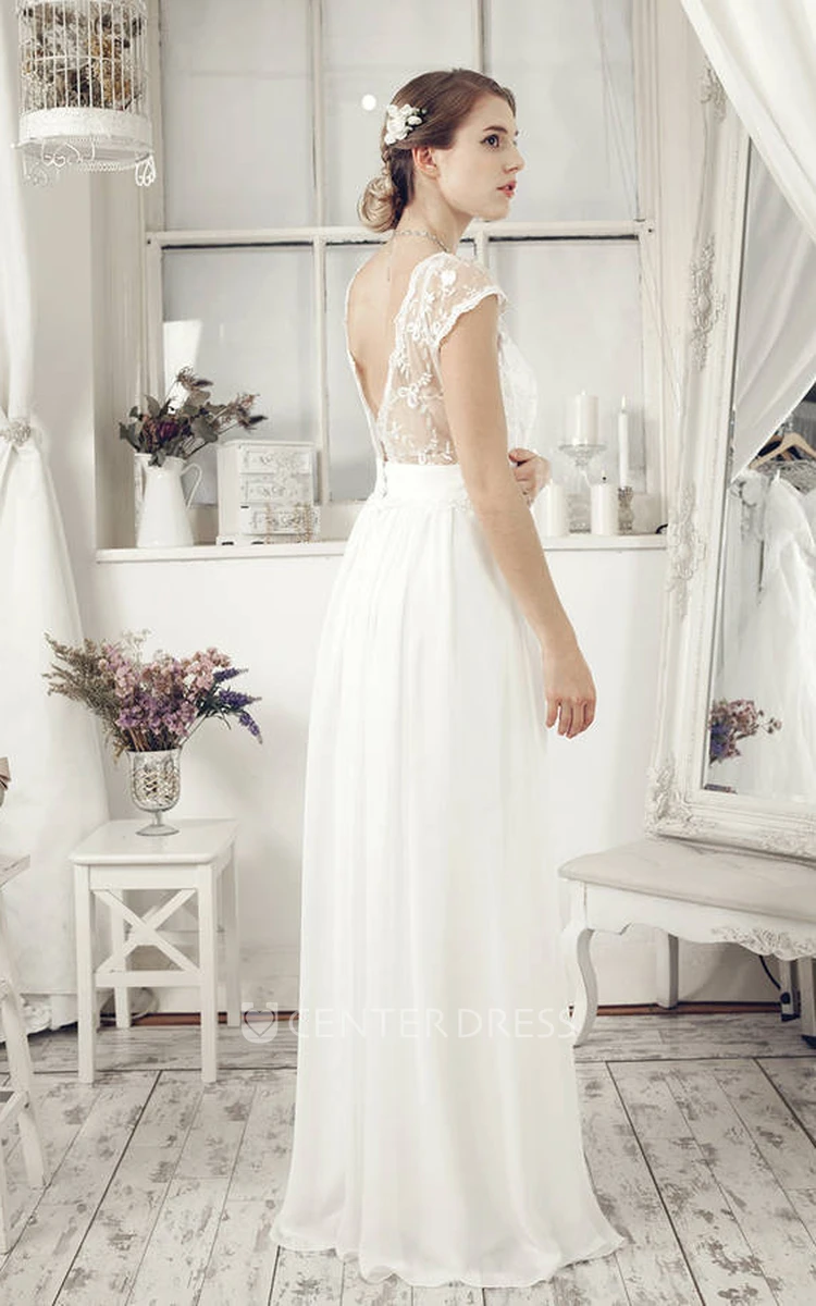 Sheath Cap-Sleeve Floor-Length V-Neck Chiffon Wedding Dress With Embroidery And Deep-V Back