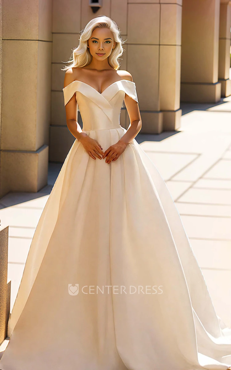 Simple Elegant Off-the-shoulder Sleeveless Satin A-Line V-neck Wedding Dress Sexy Solid Floor-length Corset Back Bridal Gown with Button Sweep Train