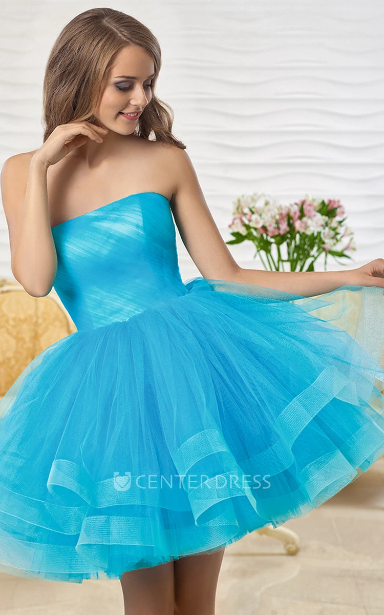 A-Line Mini Sleeveless Ruched Strapless Tulle Prom Dress With Tiers