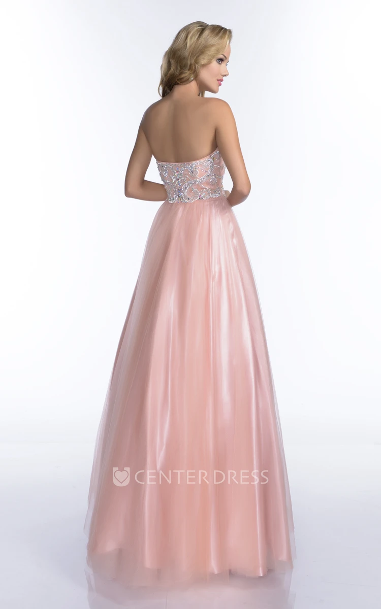 A-Line Tulle Sleeveless Sweetheart Gown With Crystal Detailed Bodice