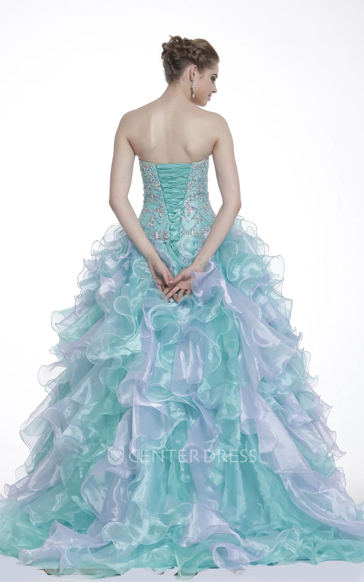 Muti-Color Ball Gown Sweetheart Organza Corset Back Dress With Crystal Detailing And Ruffles