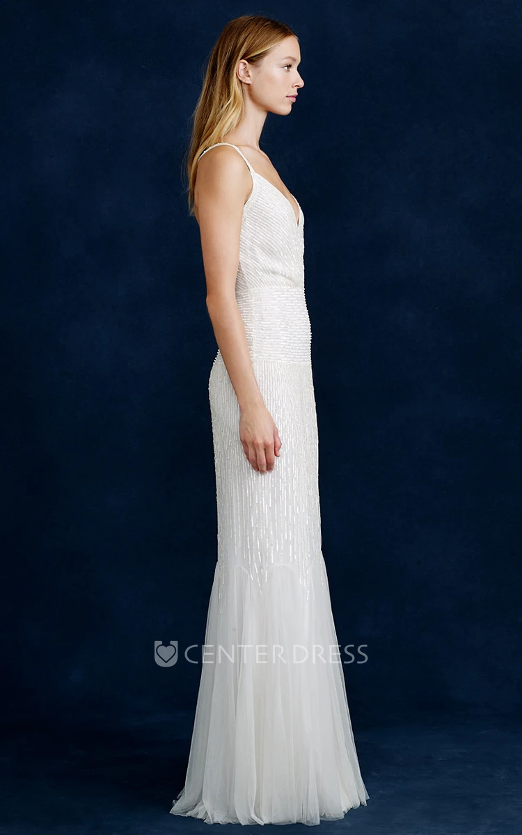 Sheath Sleeveless V-Neck Floor-Length Beaded Tulle Wedding Dress With Tiers