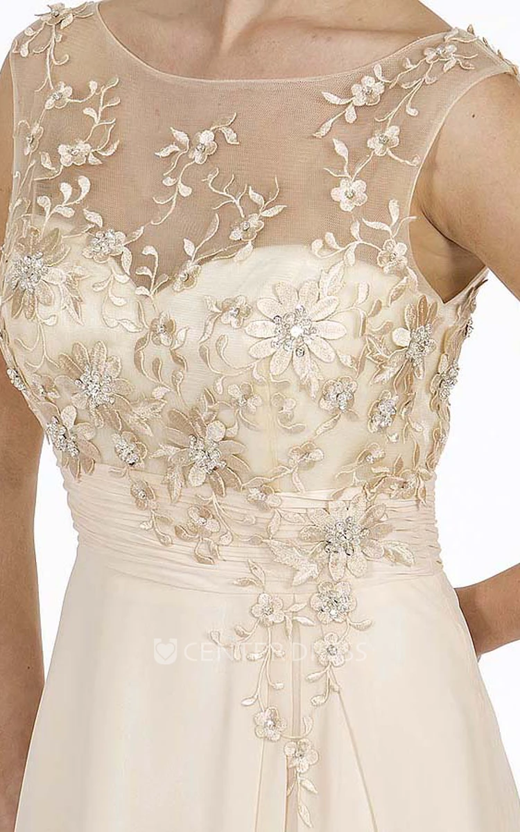Sheath Sleeveless Floor-Length Embroidered Scoop-Neck Chiffon Prom Dress With Beading