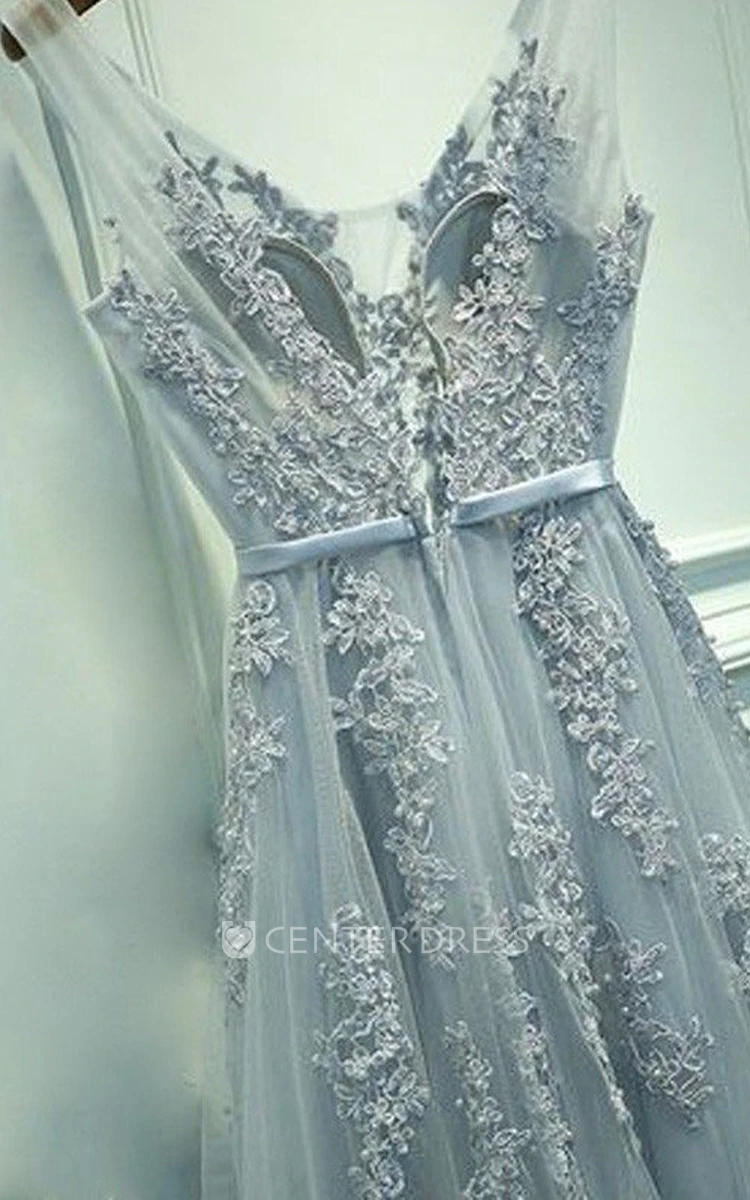 Sleeveless Floor-length A-Line V-neck Lace Tulle Dress