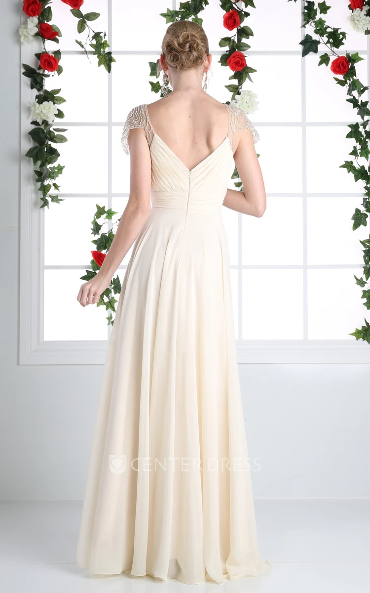 A-Line Long V-Neck Cap-Sleeve Chiffon Low-V Back Dress With Beading And Ruching