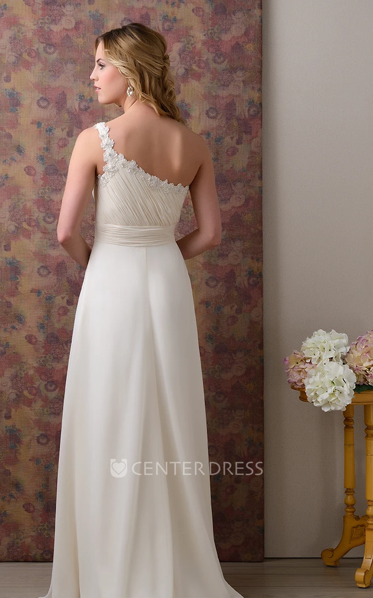Ruched Bodice One-Shoulder Chiffon Wedding Dress With Beadings And Side Draping