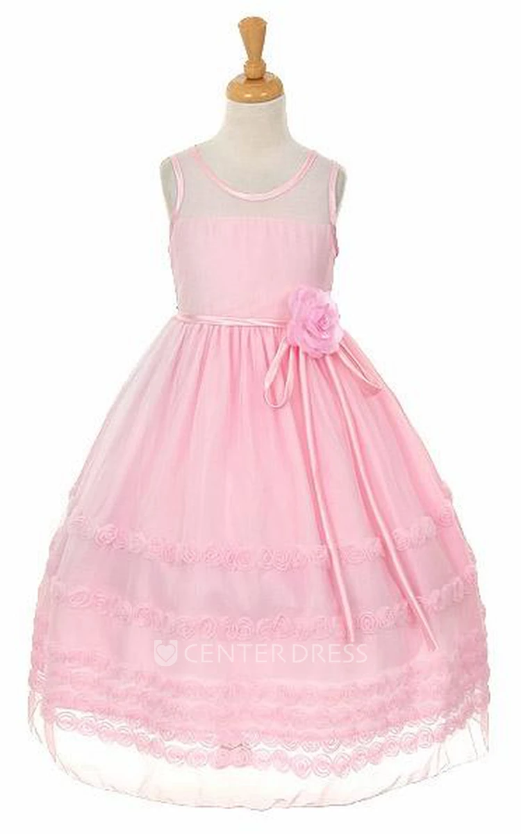Tea-Length Embroideried Tiered Floral Flower Girl Dress With Ribbon