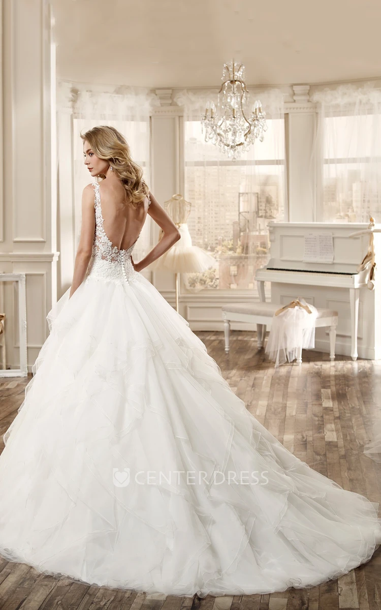 Ruching Wedding Dress with Low-V Neck and Open Back
