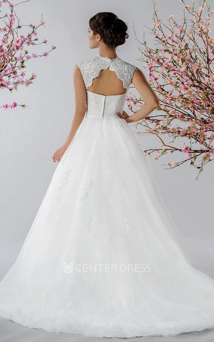 Cap Sleeve A-Line Tulle Bridal Gown With Crystal Sash And Appliques
