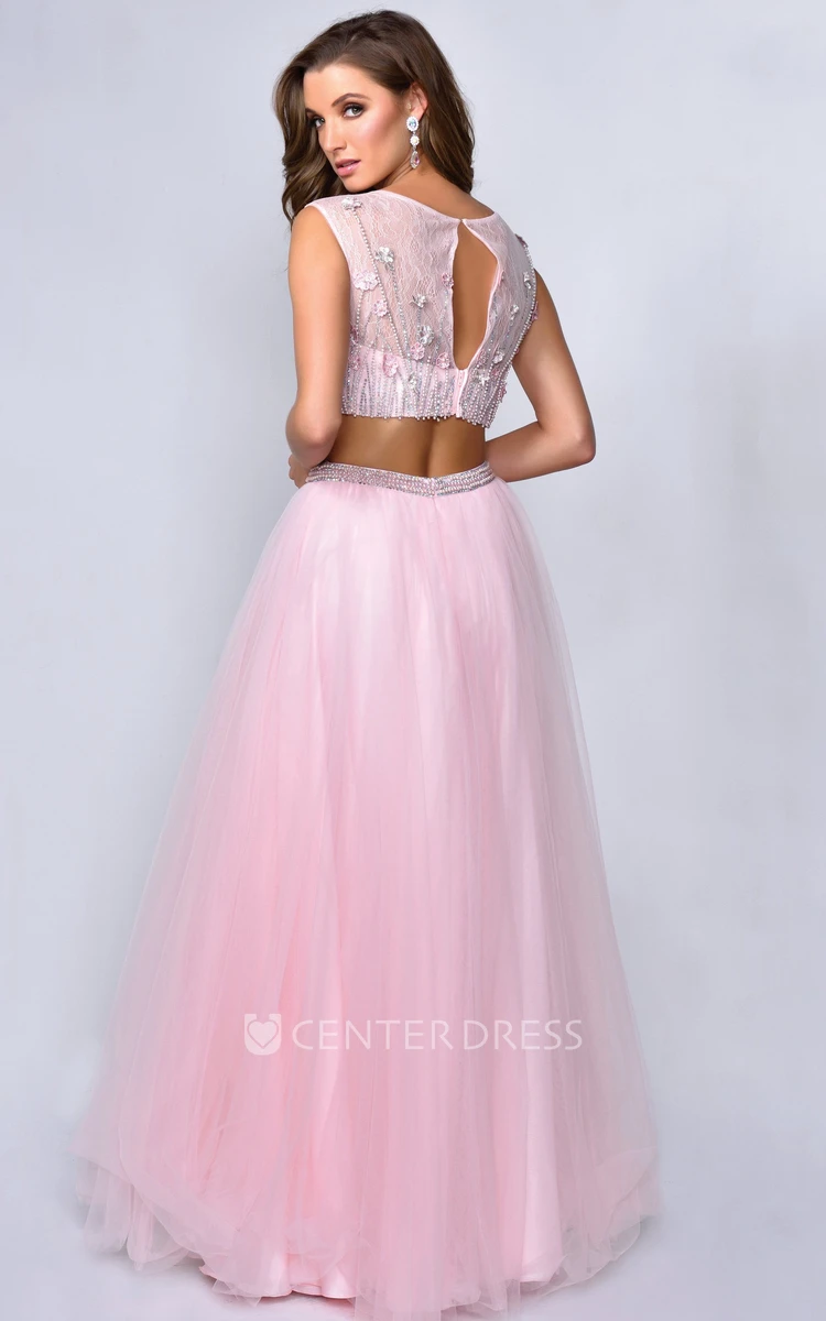 A-Line Scoop-Neck Sleeveless Tulle Illusion Dress With Lace And Beading