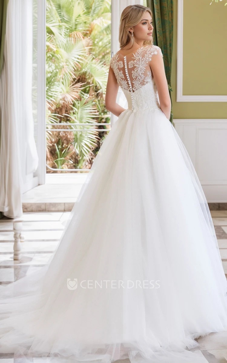 Vintage Romantic A-Line Sweetheart Jewel Neck Sleeveless Floor-length Lace Appliques Tulle Spring Wedding Dress Elegant Adorable Sweep Train Button Illusion Back Bridal Gown