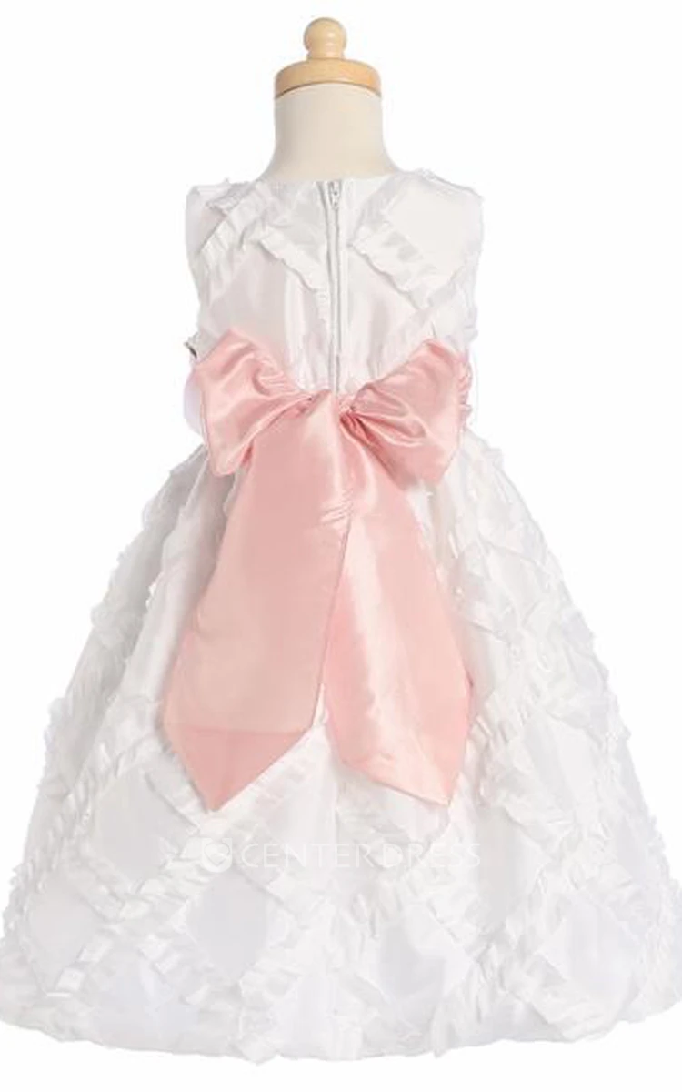 Floral Tea-Length Tiered Taffeta Flower Girl Dress With Embroidery