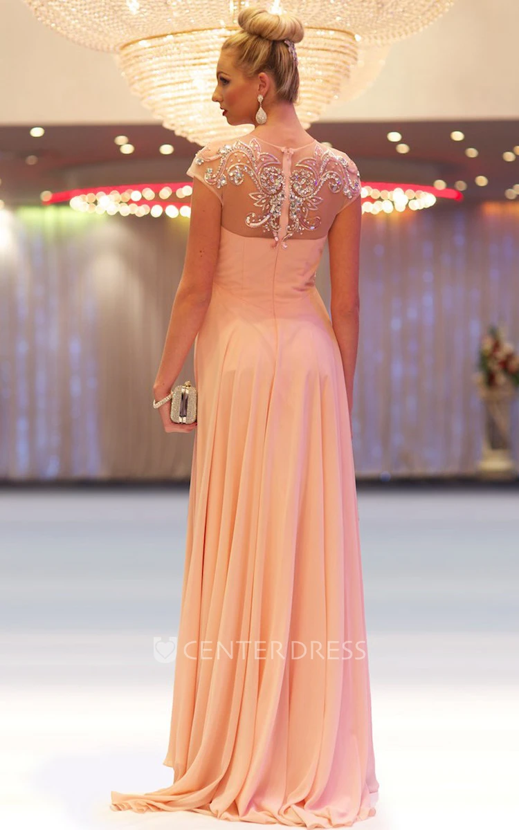 A-Line Cap-Sleeve Floor-Length Jewel-Neck Empire Beaded Chiffon Prom Dress