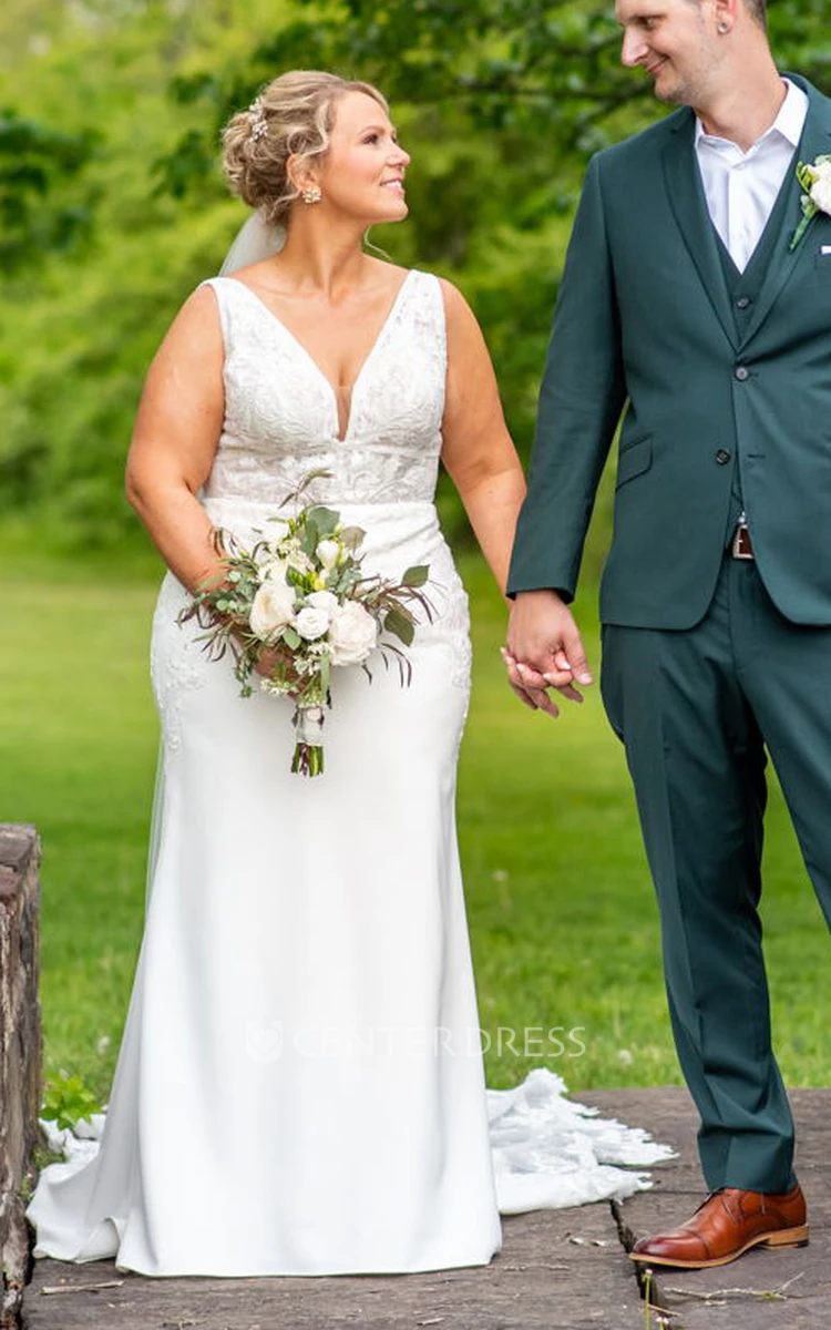 Romantic Plus Size Sheath V-neck Elegant Lace Sweep Train Open Back White Wedding Dress