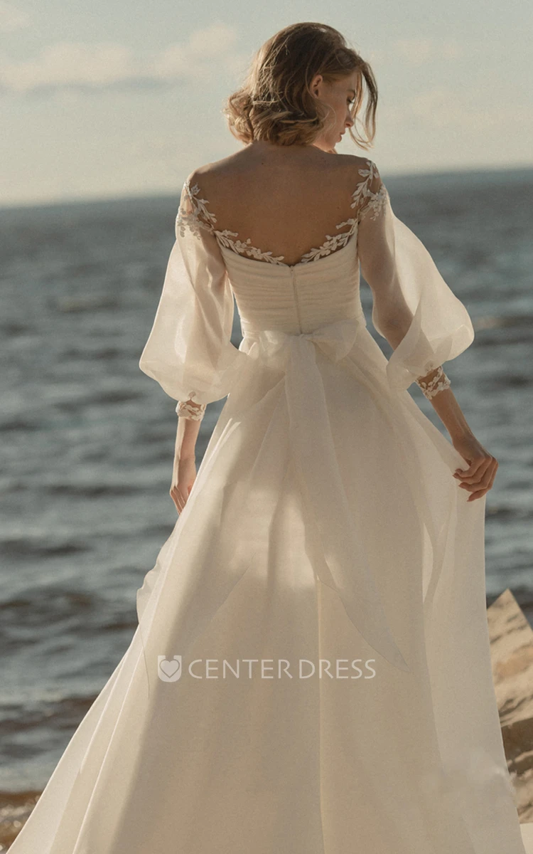 Adorable A-Line Organza Wedding Dress With  3/4 Length Poet Sleeves And Low-V Back