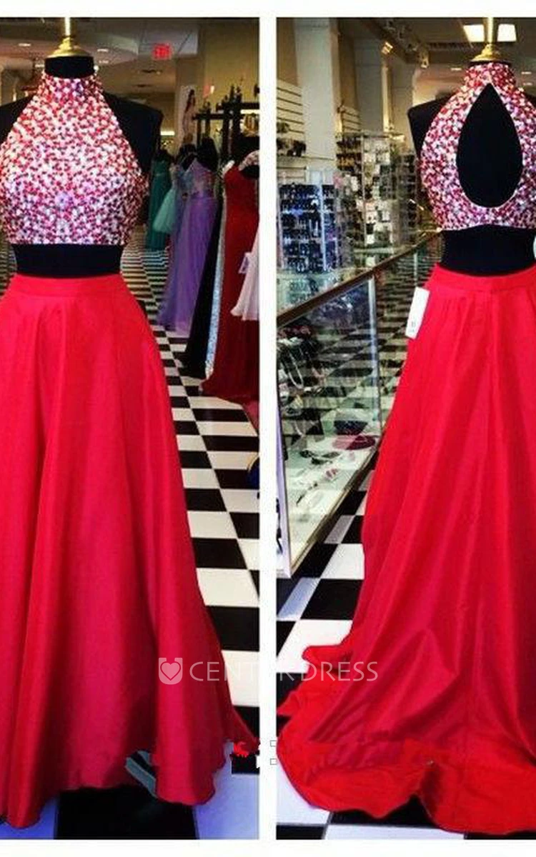 Two Pieces Gorgeous Beadings Prom Dresses High Neck Long